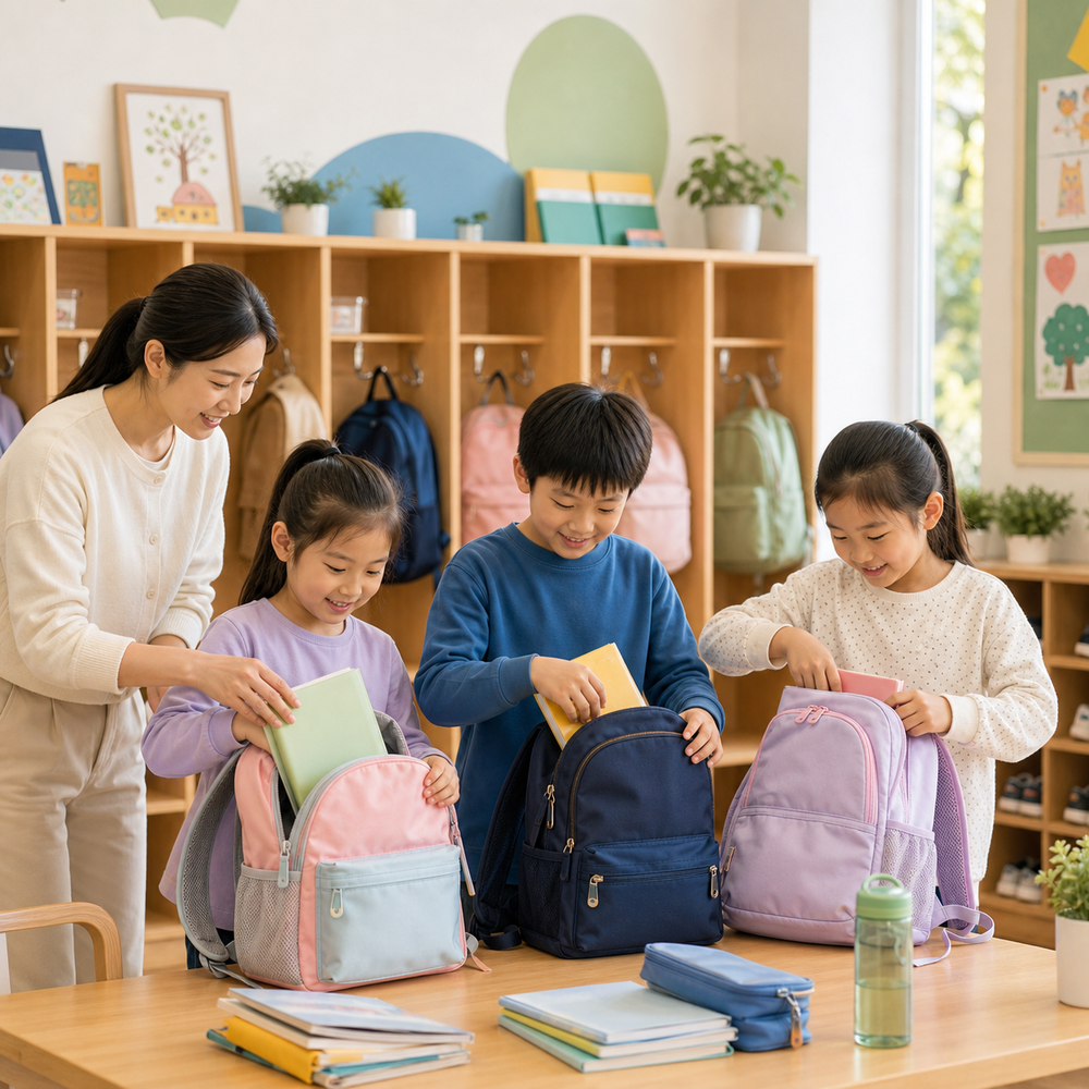 孩子整理书包准备回家